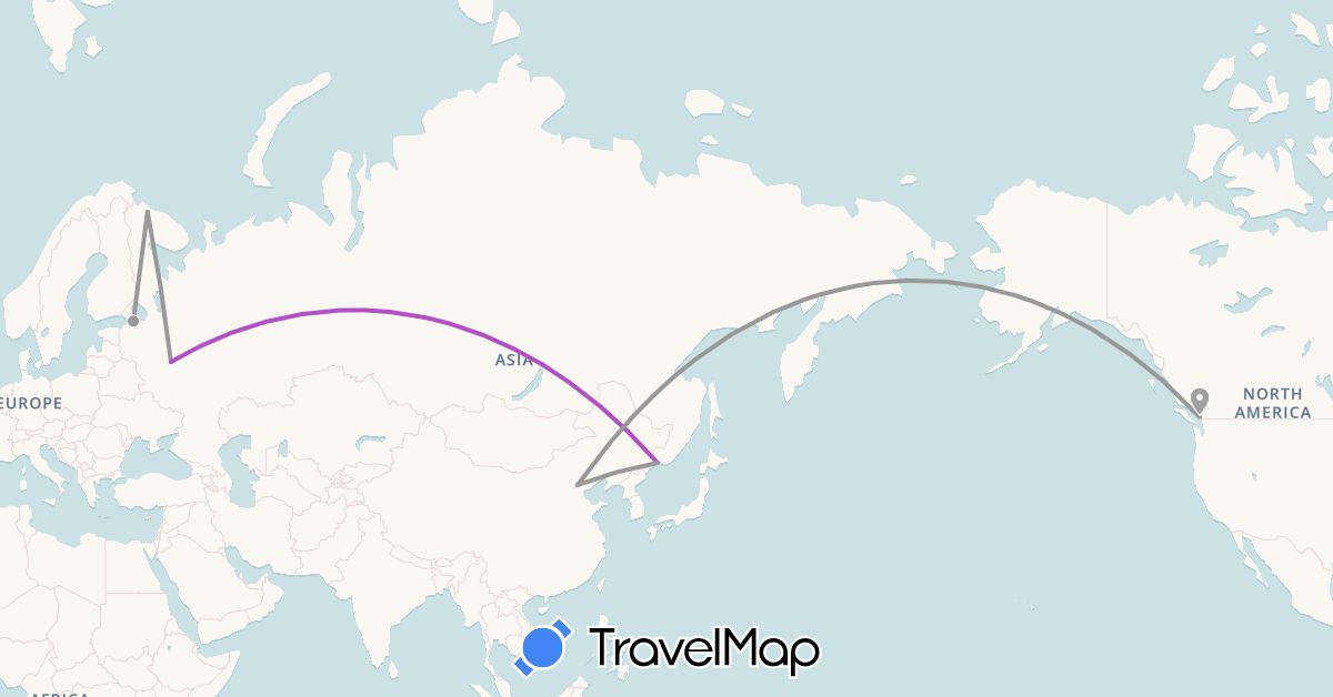 TravelMap itinerary: driving, plane, train in Canada, China, Russia (Asia, Europe, North America)